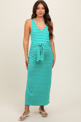 Turquoise Striped Front Tie Maternity Dress