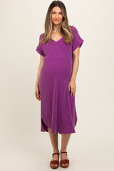 Purple Waffle Knit Short Sleeve Maternity Dress