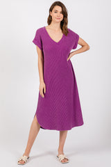 Purple Waffle Knit Short Sleeve Maternity Dress