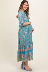 Turquoise Floral Tassel Tie Maternity Maxi Dress