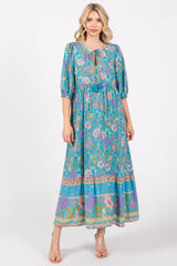 Turquoise Floral Tassel Tie Maternity Maxi Dress