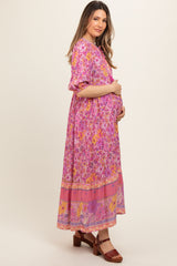 Pink Floral Tassel Tie Maternity Maxi Dress