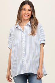 Blue Striped Button Up Collared Short Sleeve Maternity Top