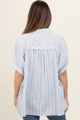 Blue Striped Button Up Collared Short Sleeve Maternity Top