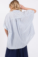 Blue Striped Button Up Collared Short Sleeve Top