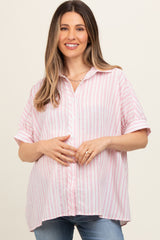 Pink Striped Button Up Collared Short Sleeve Maternity Top