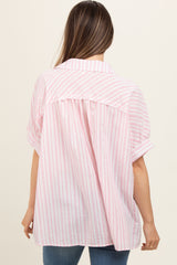 Pink Striped Button Up Collared Short Sleeve Maternity Top