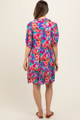 Blue Floral Button Short Sleeve Maternity Dress