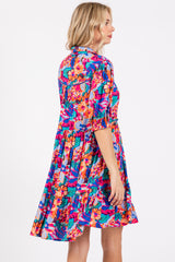 Blue Floral Button Short Sleeve Dress