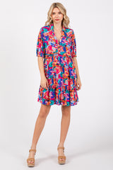 Blue Floral Button Short Sleeve Dress