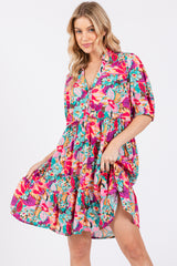 Pink Floral Button Short Sleeve Maternity Dress