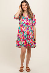 Pink Floral Button Short Sleeve Maternity Dress