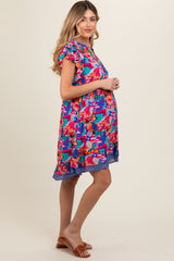 Blue Multicolor Ruffle Accent Maternity Dress