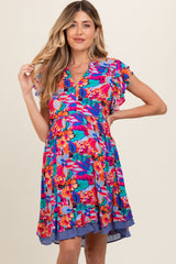 Blue Multicolor Ruffle Accent Maternity Dress