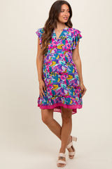 Purple Multicolor Ruffle Accent Maternity Dress