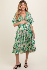 Green Embroidered V-Neck Short Pom Sleeve Maternity Midi Dress