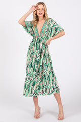 Green Embroidered V-Neck Short Pom Sleeve Midi Dress