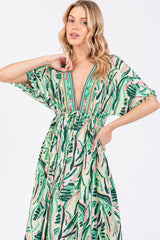 Green Embroidered V-Neck Short Pom Sleeve Midi Dress