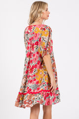 Pink Floral V Neck Half Sleeve Dress