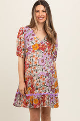 Lavender Floral V Neck Half Sleeve Maternity Dress