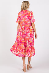 Pink Floral Satin Ruffle Short Flutter Sleeve Midi Dress