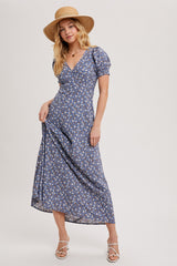 Blue Floral Puff Sleeve V Neck Maxi Dress