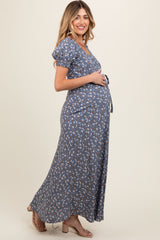 Blue Floral Puff Sleeve V Neck Maternity Maxi Dress