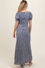 Blue Floral Puff Sleeve V Neck Maternity Maxi Dress