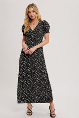 Black Floral Puff Sleeve V Neck Maternity Maxi Dress