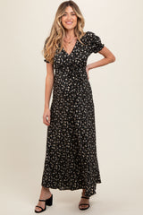 Black Floral Puff Sleeve V Neck Maternity Maxi Dress