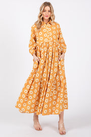 Yellow Floral 3/4 Sleeve Collared Maxi Dress