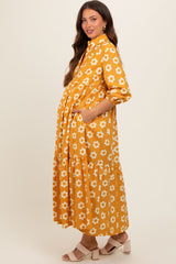 Yellow Floral 3/4 Sleeve Collared Maternity Maxi Dress