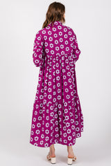 Purple Floral 3/4 Sleeve Collared Maxi Dress