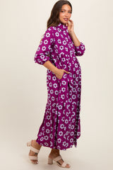 Purple Floral 3/4 Sleeve Collared Maternity Maxi Dress