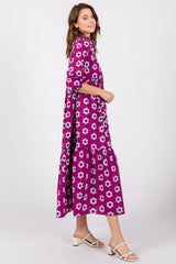 Purple Floral 3/4 Sleeve Collared Maxi Dress