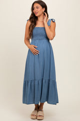 Blue Chambray Smocked Square Neck Shoulder Tie Maternity Midi Dress