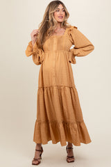 Camel Button Pleated Front Square Neck Ruffle Tiered Maternity Maxi Dress