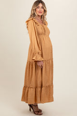 Camel Button Pleated Front Square Neck Ruffle Tiered Maternity Maxi Dress