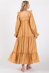 Camel Button Pleated Front Square Neck Ruffle Tiered Maxi Dress