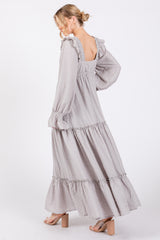 Grey Button Pleated Front Square Neck Ruffle Tiered Maxi Dress