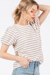 Grey Striped Textured Puff Sleeve Top