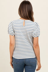 Light Blue Striped Textured Puff Sleeve Maternity Top