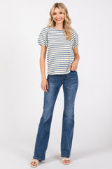 Light Blue Striped Textured Puff Sleeve Top