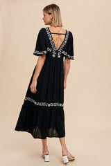 Black Embroidered V-Back Ruffle Midi Dress