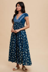 Navy Blue Floral Lace V-Neck Maxi Dress