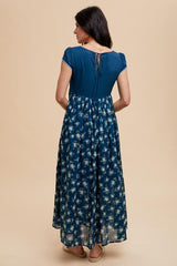 Navy Blue Floral Lace V-Neck Maxi Dress