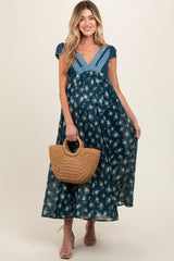 Navy Blue Floral Lace V-Neck Maternity Maxi Dress