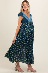 Navy Blue Floral Lace V-Neck Maternity Maxi Dress