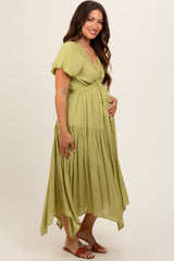 Light Olive Deep V-Neck Puff Short Sleeve Asymmetrical Hem Maternity Midi Dress