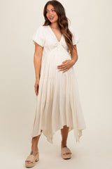 Cream Deep V-Neck Puff Short Sleeve Asymmetrical Hem Maternity Midi Dress